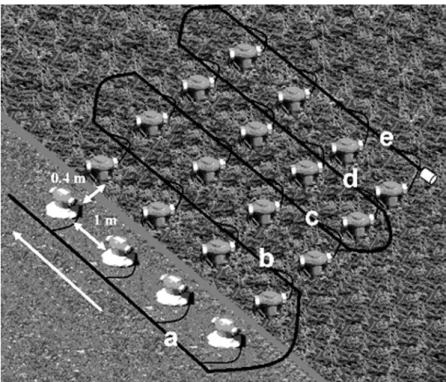 Figure 4 – Outline illustrating the type of array used in the second comparative field test: (a) 100 Hz geophones coupled through clay; (b) 100 Hz geophones with spike of 0.18 m; (c) 100 Hz geophones with spike of 0.1 m;