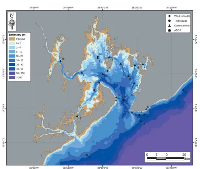 Figure 2 – Bottom topography of BTS and the location of the current meter moorings (stations 1 to 7 and 10 to 17), the ADCPs (stations 8 and 9), the meteorological stations and the tidal gauges (stations 18, 19 and 20 (at the same location of station 1)) f