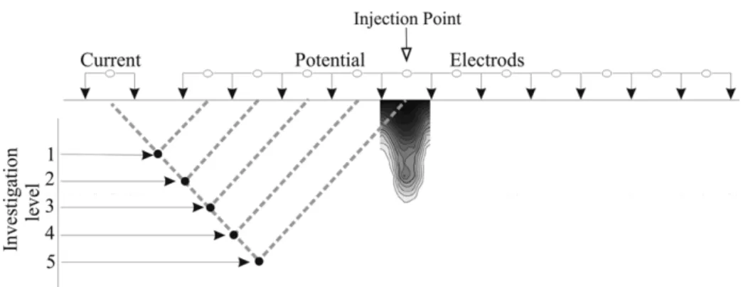 Figure 2 – Configuration of the dipole-dipole array and saline solution injection points.