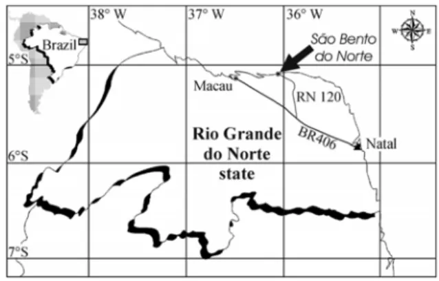 Figure 1 – Location of the studied area in Rio Grande do Norte State, Northeas- Northeas-tern Brazil