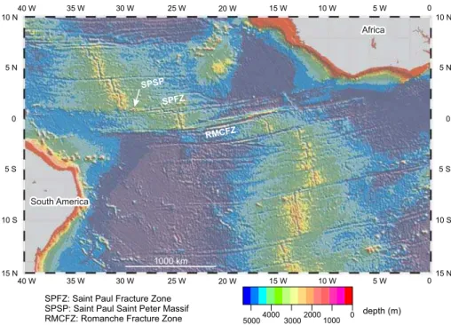 Figure 1 – Satellite predicted bathymetry (Smith &amp; Sandwell, 1997) of the mid-oceanic ridge in Equatorial Atlantic region.