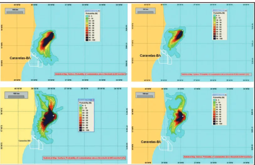 Figure 6 – Maps of probability of surface oil presence for J-M-259 spills, resulting from spillage of 192 m 3 .day –1 occurring without contingency during 30 days.