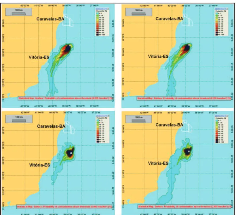 Figure 7 – Maps of probability of surface oil presence for ES-M-418 spills, resulting from spillage of 192 m 3 .day –1 occurring without contingency during 30 days.