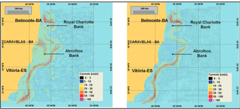 Figure 3 – Summer period snapshots of ocean currents with (left hand side panel) and without (right hand side panel) the application of the 40h low-pass Lanczos- Lanczos-cosine filter.