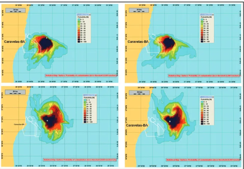 Figure 5 – Maps of probability of surface oil presence for BM-CUM-2 spills, resulting from spillage of 192 m 3 .day –1 occurring without contingency during 30 days.