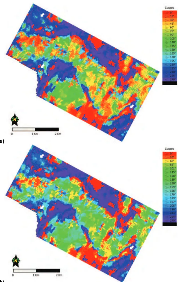 Figure 4 – 1D SOM with 19 classes; a) Colors proportional to prototype vector index; b) Colors proportional to the prototype vector location on a 1D reference space.