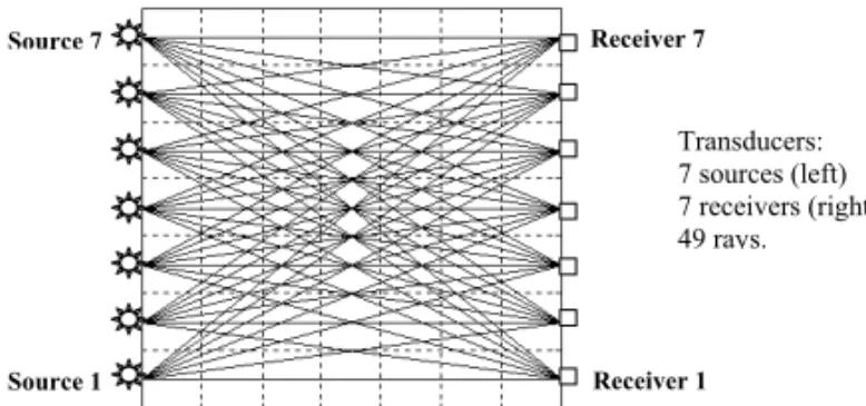 Figure 1 – Ray tracing. Discretization of space in 49 pixels. Cross-hole array.