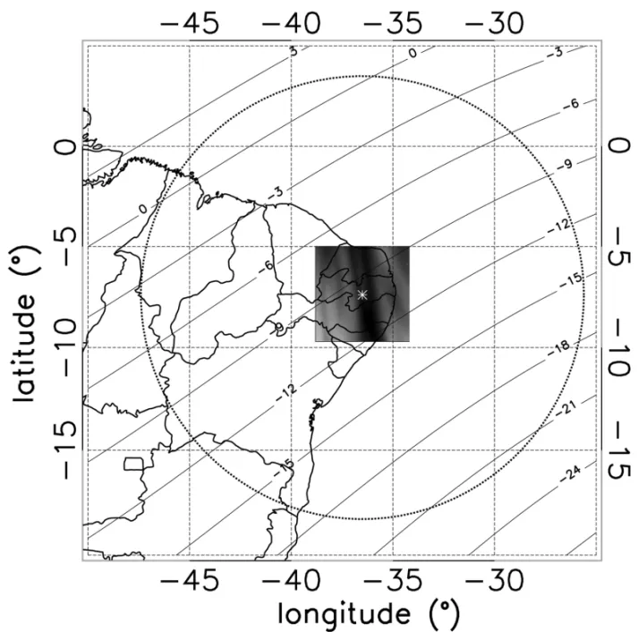 Figure 1 – Imager localization at S˜ao Jo˜ao do Cariri (white star) and its field of view (dashed circle) on Brazilian map