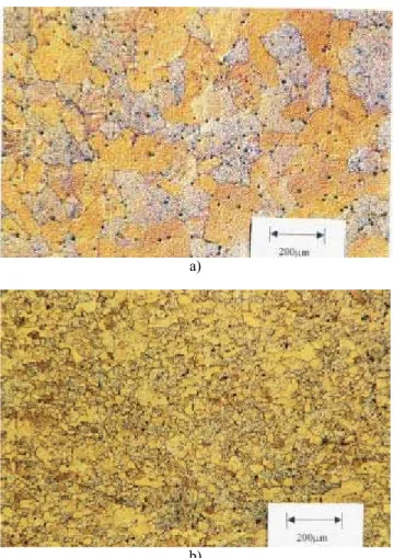 Figure 2. Photomicrograph made by optical microscopy of two different sample a) as-received sample and; b) the recrystallized sample showing  smaller grain size (magnification 100 x).