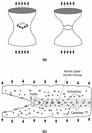 Figure 1.  Phenomenological modeling of ductile fracture. (a) void  nucleation and growth in a tensile specimen for a ductile material; (b)  schematic path of a growing crack in a ductile material