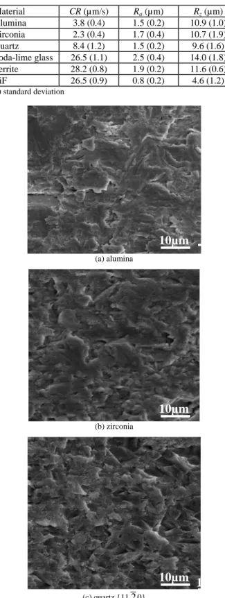 Figure 3. SEM micrographs of ultrasonically machined surfaces with SiC  grits of 15 µm