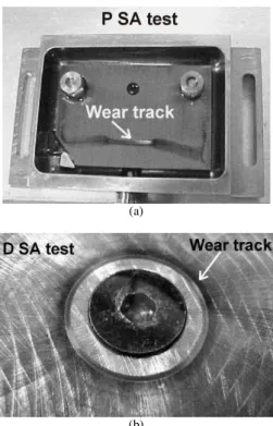 Figure  17.  Worn  tracks  on  (a)  plate  and  (b)  disk,  SA  tests.  Debris  agglomeration just after test