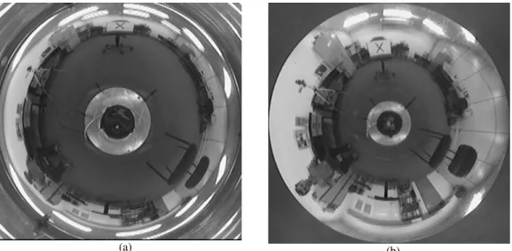 Figure 12. Images acquired by the omnidirectional vision system. (a) Image acquired using the spherical mirror;(b) Image acquired using the hyperbolic  mirror