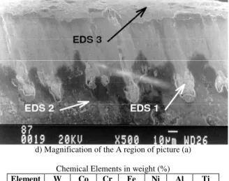 Figure  4.  Pictures  of  the  worn cutting edge and EDS analysis results. v c  =  140  m/min,  emulsion  application  externally  to  the  tool,  7%  of  concentration