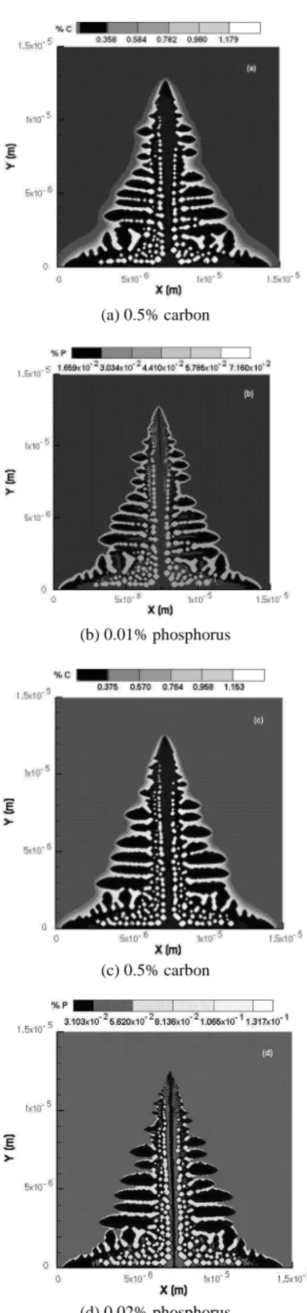 Figure  9.  Carbon  and  phosphorus  solute  concentration  fields.  (a)  and  (b)  0.5% C – 0.01% P alloy; (c) and (d) 0.5% C – 0.02% P alloy