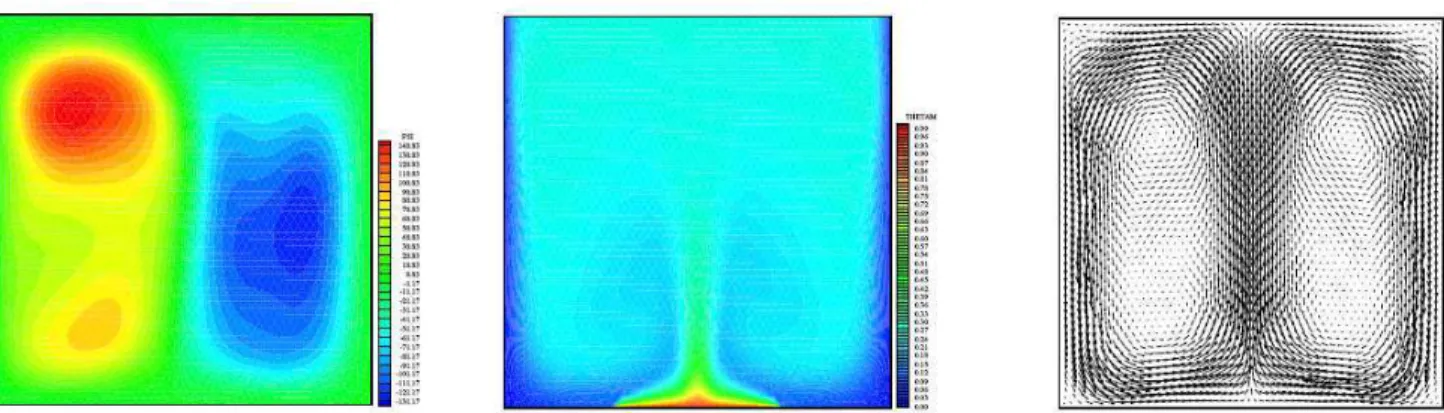 Figure  11.  Case  1  –  Streamfunction  ψ ψψ ψ  for  t  =  600  t 0  (∆∆∆∆ψ ψψ ψ  =  10),  average  temperature  T m  (∆∆∆∆T m   =  0.01)  for  t  =  (400-600)  t 0 , and  velocity  vectors  for   t = (400-600) t 0  – R  = 10 7 – Pr = 0.7 – ∈∈ ∈ = 0.4