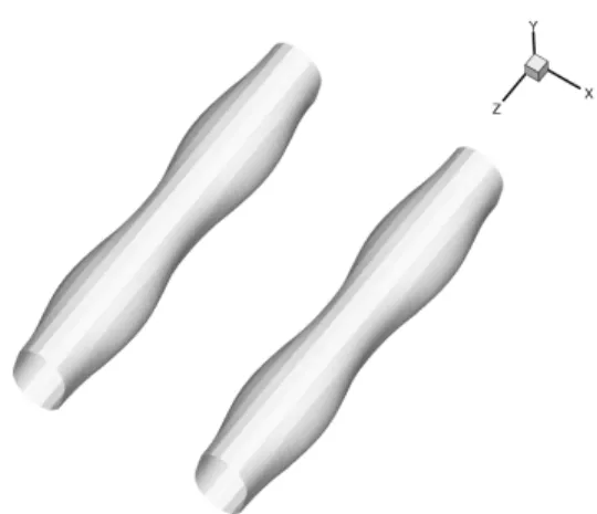 Figure  8  presents  an  iso-surface  of  pressure  for  M c  =  0.4  showing  the  development  of  the  bulging  mode