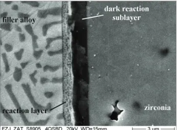 Figure 4. SEM image at Ag-28Cu/ZrO 2  interface, wetting test at 820ºC. 