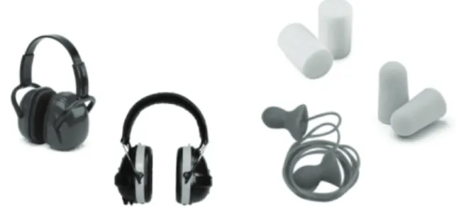 Figure 1. Hearing protector devices (HPD): three earplugs (right) and two  earmuffs (left)