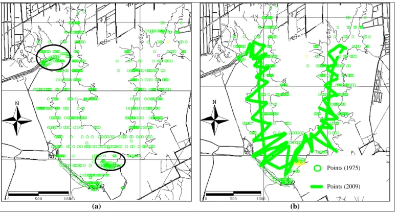 Figure 3. Topobathymetric data dating back to 1975 (a) and 2009 (b). 