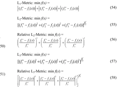 Table 13 shows the optimum solutions. The result obtained by  using this method is similar to the result provided by the Weighting  Objectives Method, i.e., when the priority is w 1 , the values obtained  approach the ideal f 1