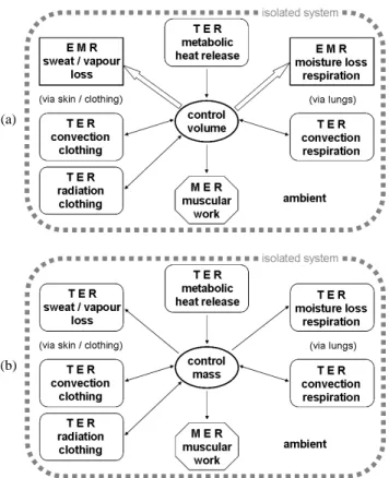 Figure  1.  Sketch  of  the  two  possible  model  frameworks  for  irreversibility  calculations:  (a)  occupant  as  a  control  volume  (open  system)  or  (b)  occupant as a control mass (closed system)