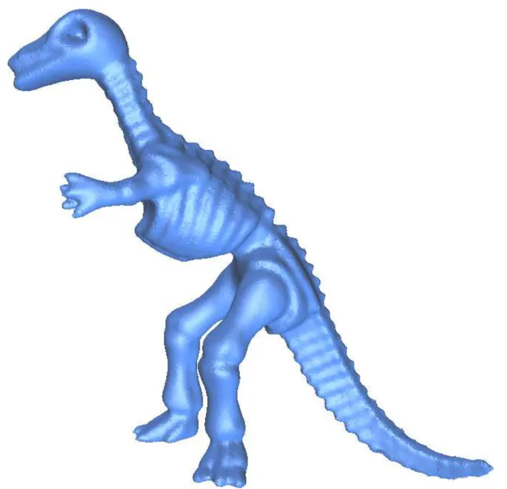 Figure 5: Smooth reconstruction of Dino: noisy data (top), initial triangulation (middle), and ﬁnal model (bottom).