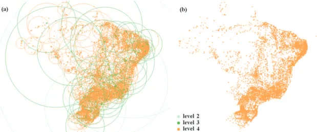 Figure 3. Visualization of the Slim-tree structure for the Cities dataset. (a) with the covering radius of the nodes; and (b) only the objects