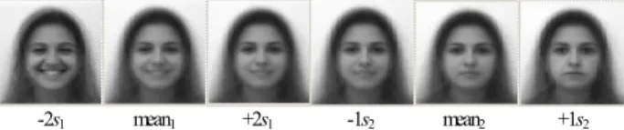 Figure 1: Visual analysis of the regions captured by the classifier  that change when we move from one side (smiling) of the dividing  A+MLDA hyper-plane to the other (non-smiling), following limits of 