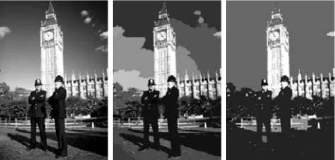 Figure 3. CSC results when processing a complex outdoor image. From  left to right: the original image, a cautious approach and an aggressive  approach
