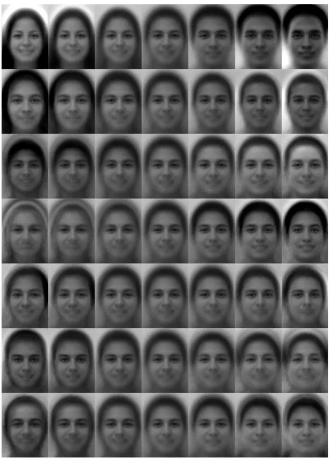 Figure 3. Reconstruction of the PCA most expressive components, i.e., from top to bottom, the first seven principal components with the largest eigenvalues in descending order