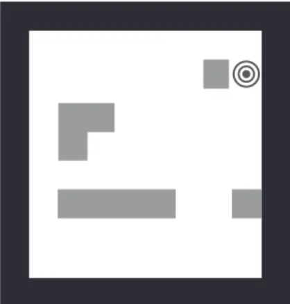 Figure 1. A typical room in the game. Gray squares are internal obsta- obsta-cles and the bull's eye is the treasure location.