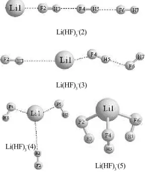 Figure 2: Four metastable conformers of Li(HF) 3 -  anion at the MP2/6-31++G** level.