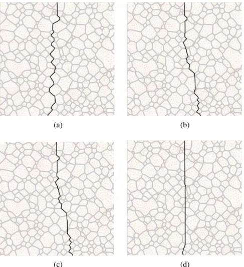 Figure 6 – Influence of grain boundary toughness on crack path. (a) G gb c /G i c = 0.4 (IG = 91.4%); (b) G gb c /G i c = 0.5 (IG = 70.8%); (b) G gbc /G i c = 0.6 (IG = 66.5%); and (b) G gb c /G i c = 0.8 (IG = 6.8%).