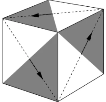 Figure 6 – Rotated exit boundary region in a cube ( − a, a) 3 with respect to the origin x 0 = 0 and a diagonal axis α parallel to (1, 1, 1) with orthogonal plane α ⊥ (dotted lines).