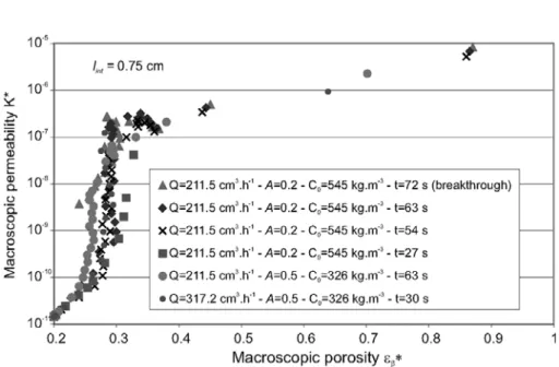 Figure 9 – Macroscopic permeability as a function of the macroscopic porosity (ramiﬁed regime).