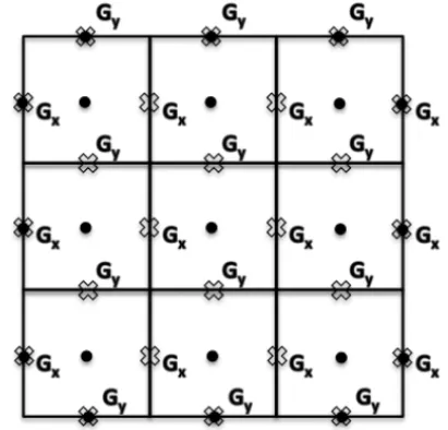 Figure 3 – Two dimensional mimetic gradient operator. (circle) Positions whose values are used to calculate the gradient
