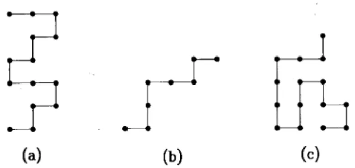 Figure 1. Examples of walks on the square lattice: (a) Par- Par-tially directed walk, with positive steps only in the vertical direction; (b) Fully directed walk, with positive steps only in both directions; (c) Self-avoiding walk.