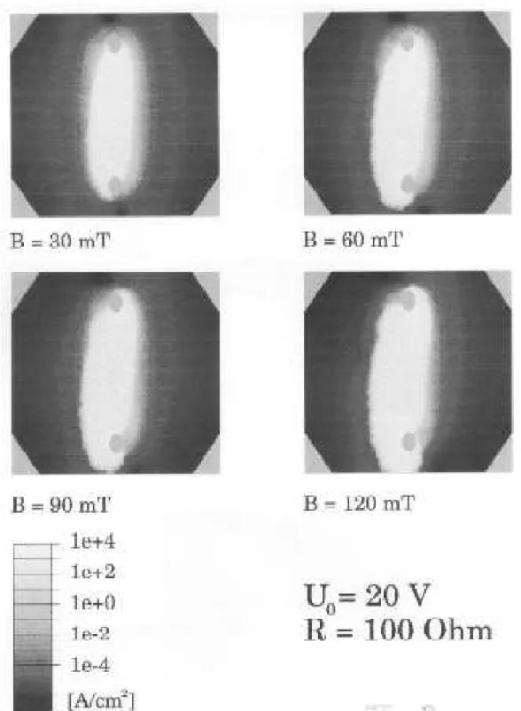 Figure 3. Simulated current laments in a rectangular sample with two inner point contacts for an applied bias voltage