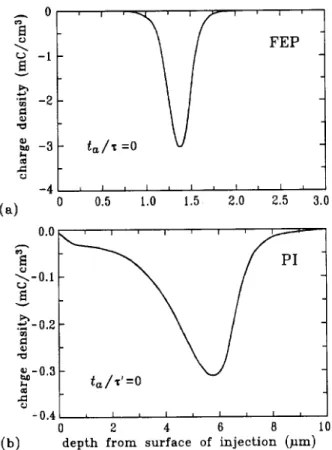 Figure 3. Distribution of total charge  (equal to trapped charge  t ) at t 0 = 700 s in FEP (part a) and PI (part b)  af-ter room temperature charging