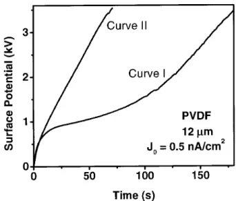 Figure 5. Potential buildup of a 12  m-thick PVDF sample poled in corona at a constant current density of 40 nA cm ,2 at room temperature