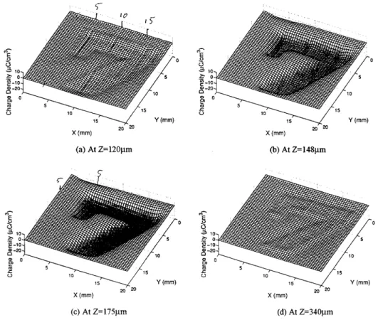 Figure 2. Space charge proles in the XY plane of a 500  m thick polymethylmethacrylate sample, which had been exposed to an electron beam (200keV) through a lead plate in which a slot in the form of the digit 7 had been cut