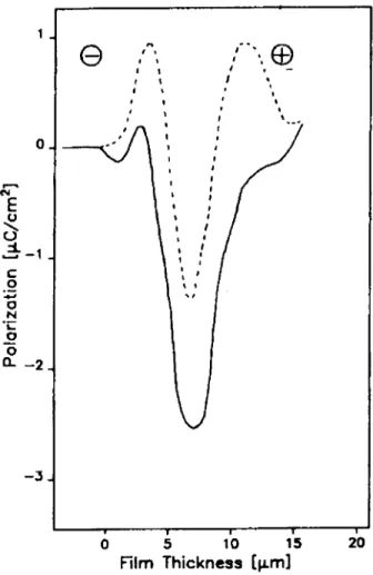 Figure 6: Piezoelectricity prole in a +/-/+ PVDF tri- tri-morph at the end of (solid line) and after (dashed line) pulsed poling with the polarity indicated (after [33]).