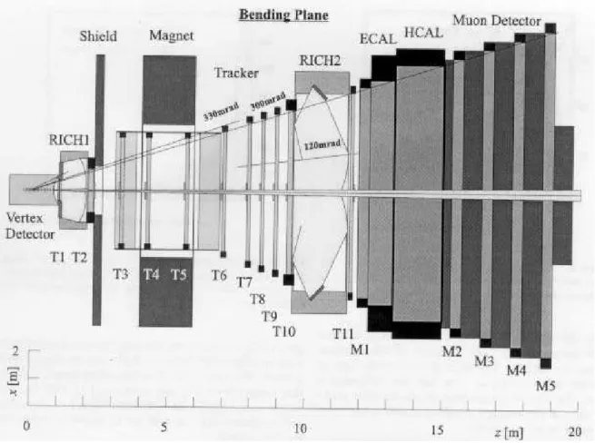 Figure 6. The LHCb detetor seen from above (ut in the bending plane).