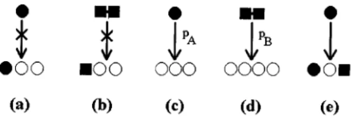 Figure 5. Interacting monomer - dimer model : a monomer (lled circle) and dimer (lled square) adsorb at free empty sites with probabilities p A and p B , respectively