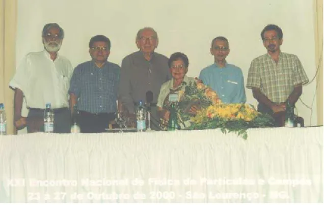 Figure 1. Celebration of the 80th birthday of Prof. Jayme Tiomno. From left to right: Sergio JoÆly, Marelo Gomes, Jayme