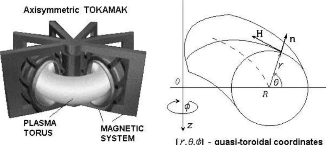 Figure 1. The quasi-toroidal oordinates (r; ; ) for an axisymmetri tokamak plasma with irular magneti surfaes