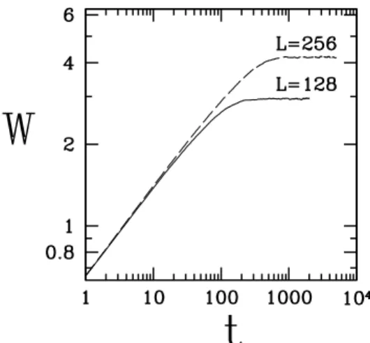 Figure 1. Interface width W versus time t for the RSOS model (Ref. [11]) in 1 + 1 dimensions, in two different lattice lengths L.