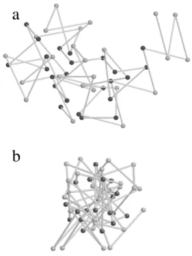 Figure 1. A chain of N = 48 residues, half of which are randomly chosen to be hydrophobic, (darker beads) shown in a random  ini-tial and a collapsed configuration in panels (a) and (b) respectively.