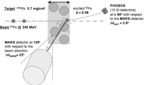 Figure 2. Setup of the in-beam experiment done at LNL with the MARS detector. A 56 Fe beam of 240 MeV is impinging on a 3.7 mg/cm 2 lead target